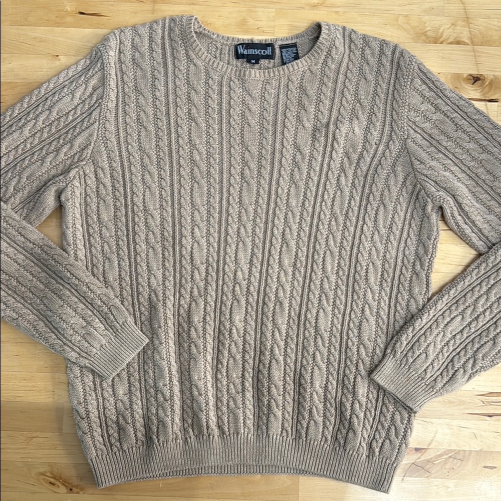 WAINSCOTT CABLE KNIT SWEATER WOMENS M TAN BEIGE CREW NECK 100%-COTTON ACADEMIA
